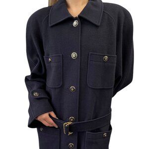 CHANEL Vintage 95A CC Button Cashmere Coat Jacket #40 Belt Dark Blue [106261]